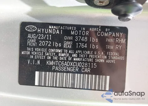 2012 Hyundai Veloster Base W/Black из США, поврежденный, VIN KMHTC6ADXCU028115